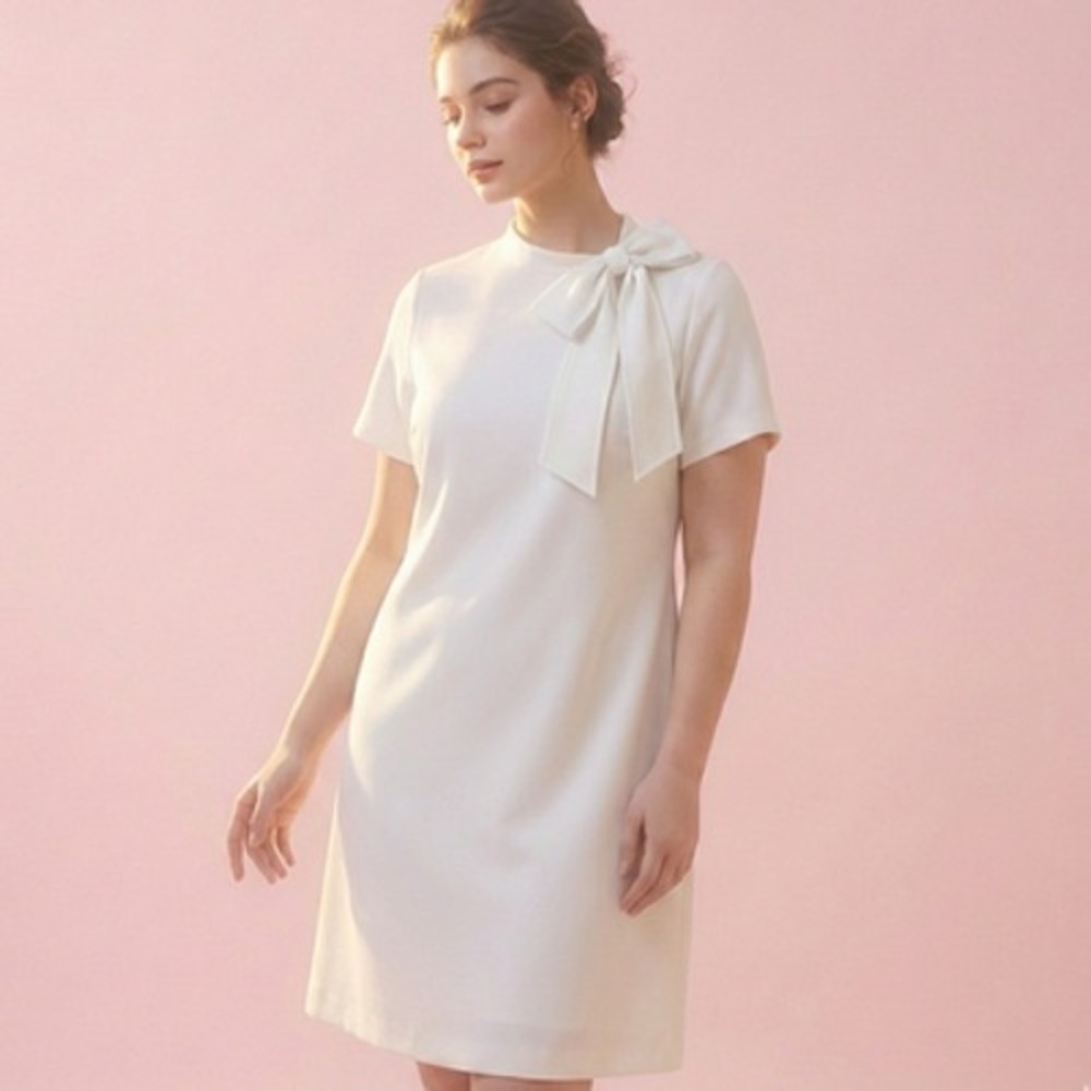 Shelby & Palmer Dress Womens 14W White Bow Neck Shift Short Sleeve‎ Knit Lined